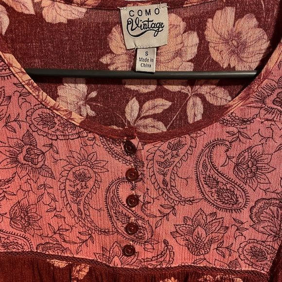 Como Vintage Retro Red Pink Floral Paisley Boho Hippie Long Sleeve Button Top - Picture 4 of 5